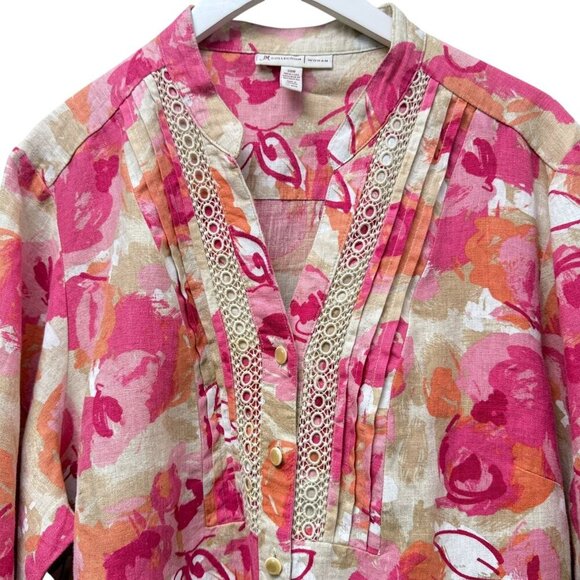 JM Collection 100% Linen Top Plus Size 20W Pink Floral 3/4 Sleeve Tunic Buttonup - Picture 2 of 8